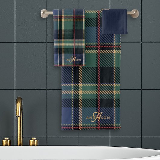 Christmas Tartan Navy Blue Green ID1141B バスタオルセット