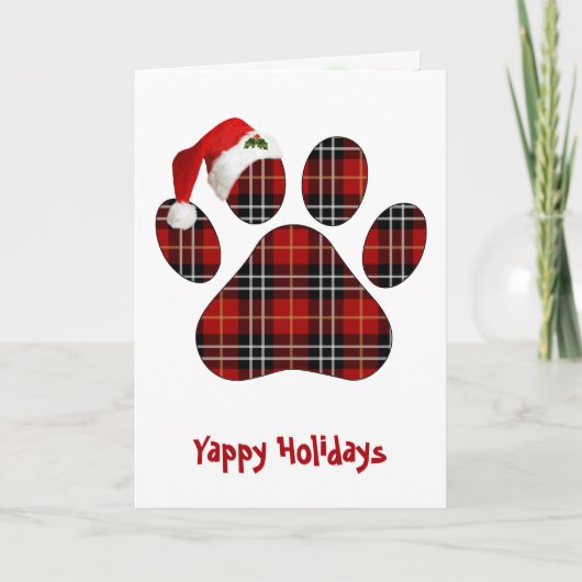 Christmas Tartan Plaid Dog Paw Print and Hat カード (正面)