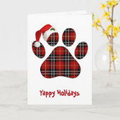 Christmas Tartan Plaid Dog Paw Print and Hat カード (黄色い花)