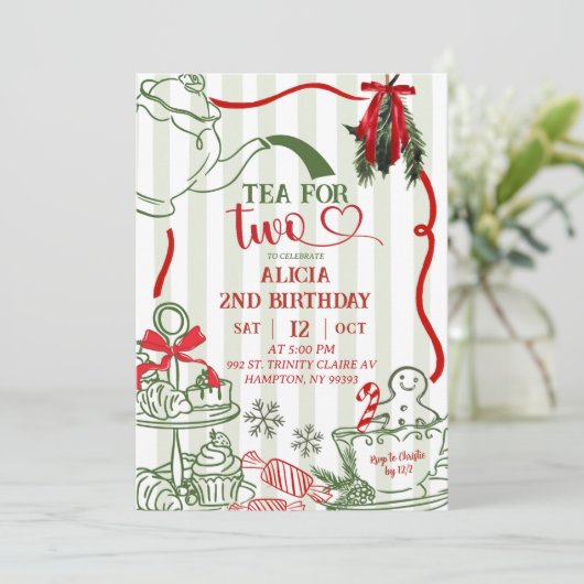 Christmas Tea 2nd Birthday Scribble Hand Drawn  招待状 (スタンド正面)