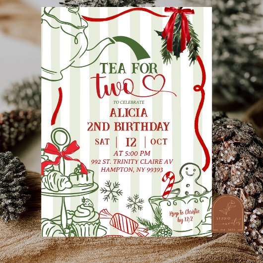 Christmas Tea 2nd Birthday Scribble Hand Drawn  招待状