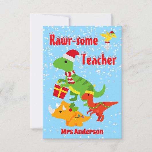 Christmas Teacher Appreciation Kids Dinosaur Flat サンキューカード (正面)