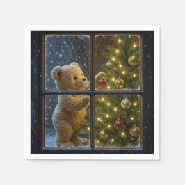 Christmas Teddy Bear Decorating a Tree スタンダードカクテルナプキン
