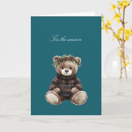 Christmas Teddy Bear in Plaid   カード (黄色い花)