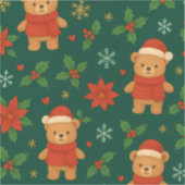 Christmas Teddy Bear Pattern – Cute Green Holiday  シール (正面)