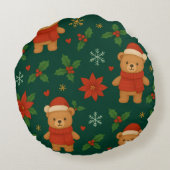 Christmas Teddy Bear Pattern – Cute Green Holiday  ラウンドクッション (裏面)