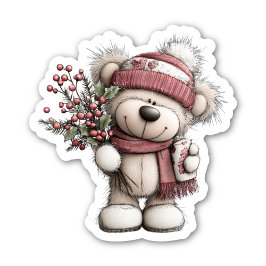Christmas Teddy Bear Sticker | Cozy Winter Scene シール