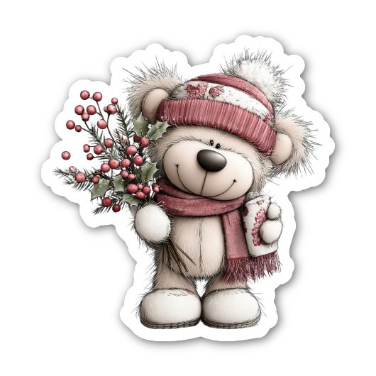 Christmas Teddy Bear Sticker | Cozy Winter Scene シール