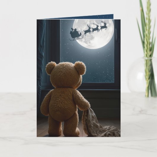 Christmas Teddy Bear Watching Santa カード (正面)