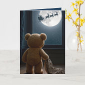 Christmas Teddy Bear Watching Santa カード (黄色い花)