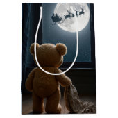 Christmas Teddy Bear Watching Santa ミディアムペーパーバッグ (正面)