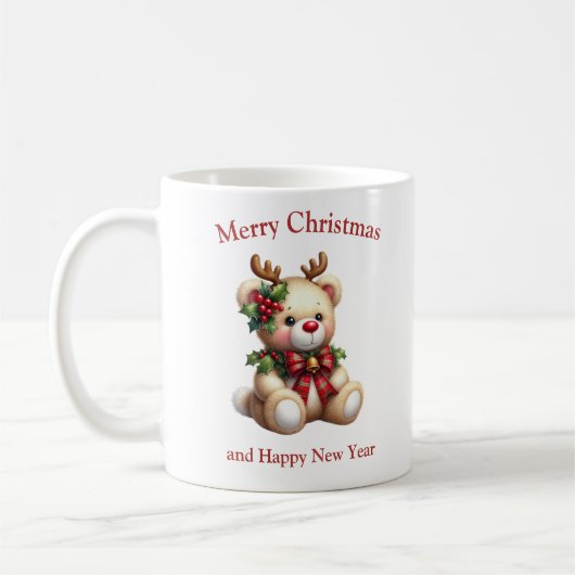 Christmas teddy bear with deer antlers mistletoe コーヒーマグカップ (左)