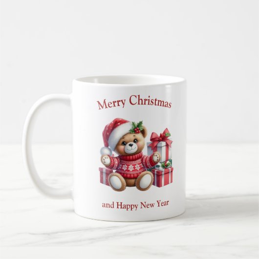 Christmas teddy bear with presents and mistletoe コーヒーマグカップ (左)