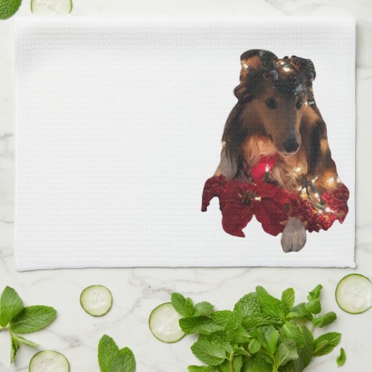 Christmas Theme Sheltie キッチンタオル (折り畳み)
