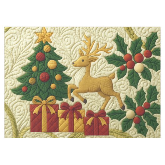 Christmas Theme Tree Reindeer Gifts Quilted Look テーブルクロス (正面(横))