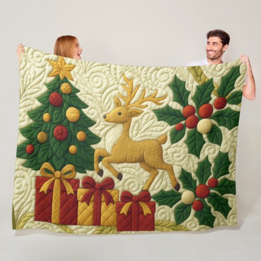 Christmas Theme Tree Reindeer Gifts Quilted Look フリースブランケット (インサイチュ)