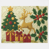 Christmas Theme Tree Reindeer Gifts Quilted Look フリースブランケット (正面(横))