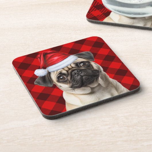 Christmas Themed Pug Dog Holiday Buffalo Plaid コースター (左側)