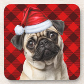 Christmas Themed Pug Dog Holiday Buffalo Plaid コースター (正面)