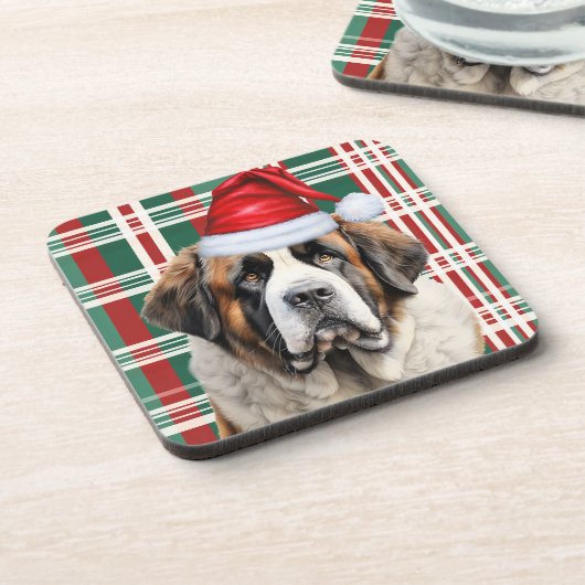 Christmas Themed Saint Bernard Dog Holiday Plaid コースター (左側)