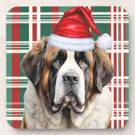 Christmas Themed Saint Bernard Dog Holiday Plaid コースター