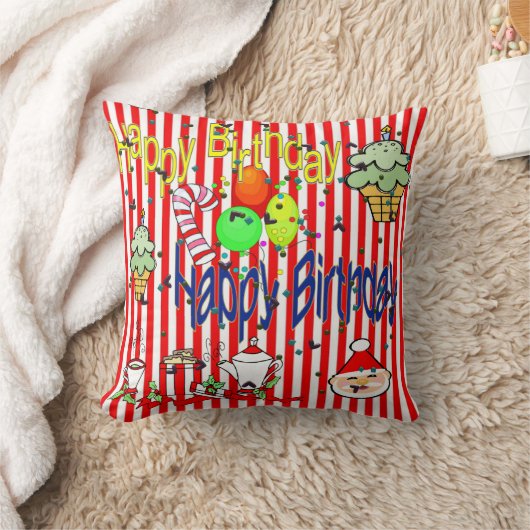 Christmas Throw Pillow, Stripe Happy Birthday クッション (ブランケット)
