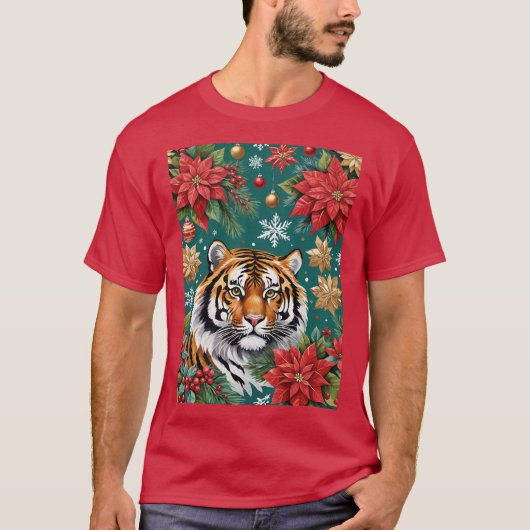 Christmas Tiger With Poinsettias & Snowflakes Tシャツ (正面)