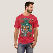 Christmas Tiger With Poinsettias & Snowflakes Tシャツ (正面フル)