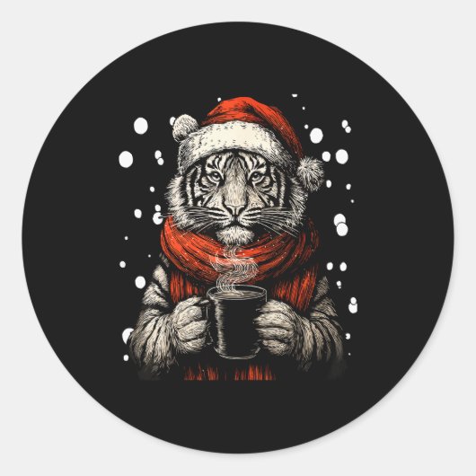Christmas Tiger With Santa Hat Coffee Lover Funny  ラウンドシール (正面)