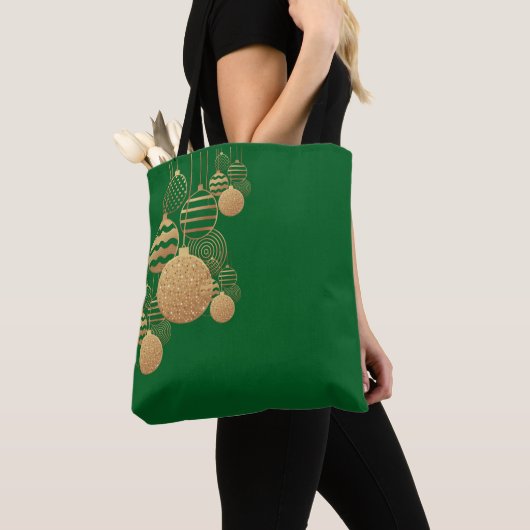 Christmas tote bag with baubles - green background トートバッグ (クローズアップ)