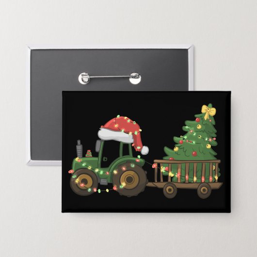 Christmas Tractor With Tree Farmer Farm 缶バッジ (正面/裏面)