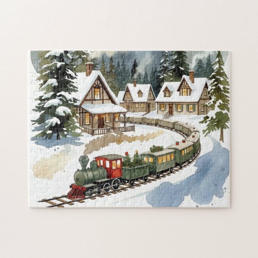 Christmas Train Around Cozy Chalet Village Puzzle ジグソーパズル (横)