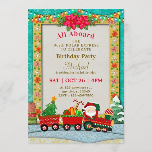 Christmas Train Birthday - All Aboard Kids Party 招待状 (正面)