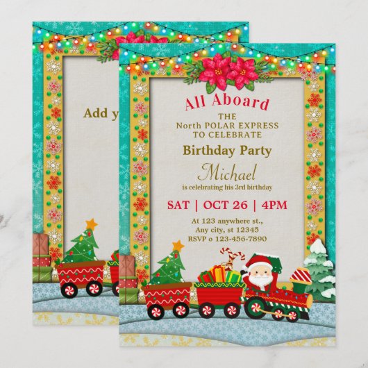 Christmas Train Birthday - All Aboard Kids Party 招待状 (正面/裏面)
