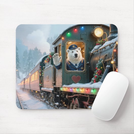 Christmas Train With Waving Polar Bear マウスパッド (マウス)