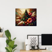 Christmas Tree and Flowers on a Beautiful Wall ポスター (ホームオフィス)