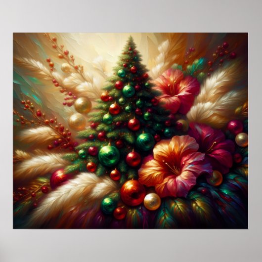 Christmas Tree and Flowers on a Beautiful Wall ポスター (正面)