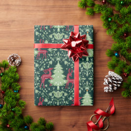 Christmas Tree and Reindeer -Folk Art - Green ラッピングペーパー