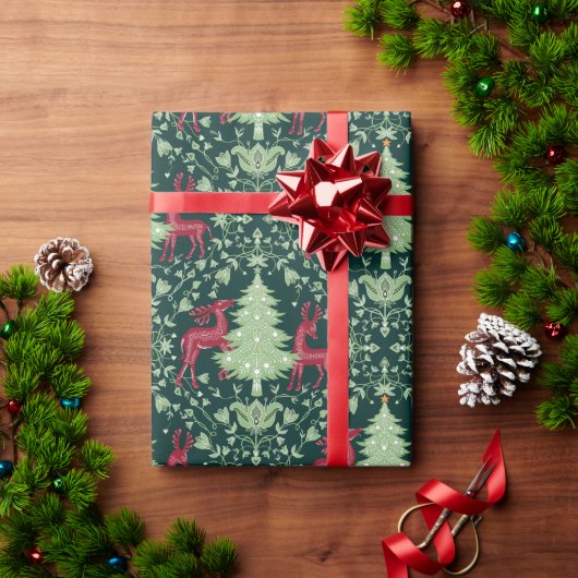 Christmas Tree and Reindeer -Folk Art - Green ラッピングペーパー (クリスマスギフト)