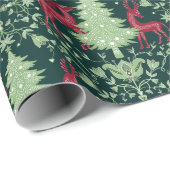 Christmas Tree and Reindeer -Folk Art - Green ラッピングペーパー (ロールコーナー)