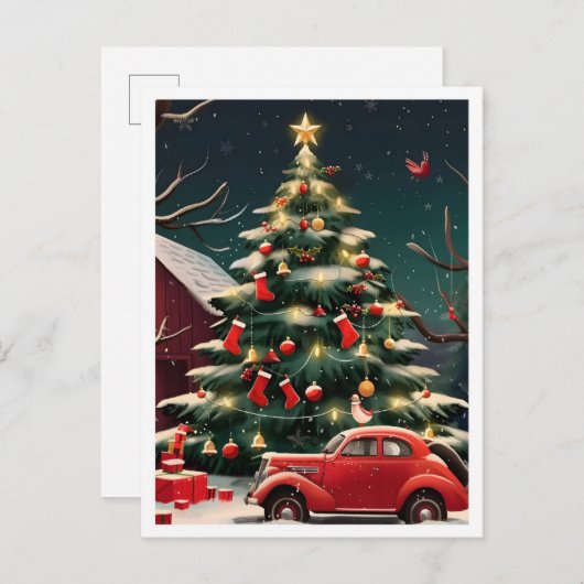 Christmas Tree and Vintage Car ポストカード (正面/裏面)