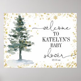 Christmas Tree Baby Shower Welcome Sign Gold ポスター