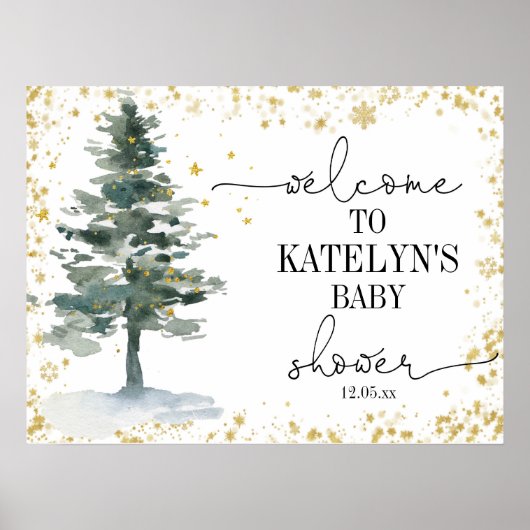 Christmas Tree Baby Shower Welcome Sign Gold ポスター (正面)