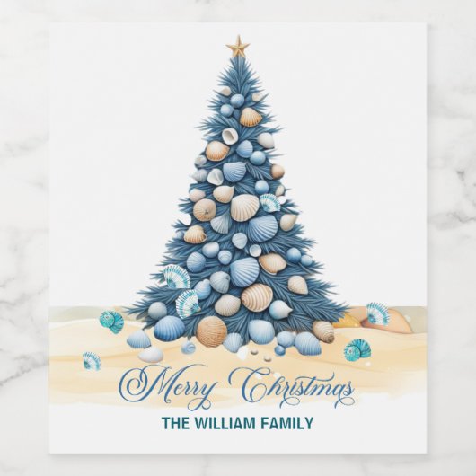 Christmas Tree Beach Merry Christmas ワインラベル (シングルラベル)