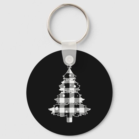 Christmas Tree Black & White Buffalo Plaid Mer キーホルダー (正面)