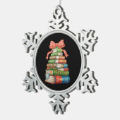 Christmas Tree Books Bow Reading Librarian Teacher スノーフレークピューターオーナメント (右)