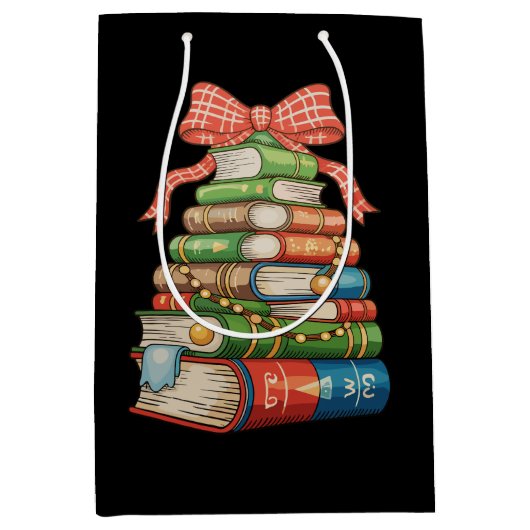 Christmas Tree Books Bow Reading Librarian Teacher ミディアムペーパーバッグ (正面)