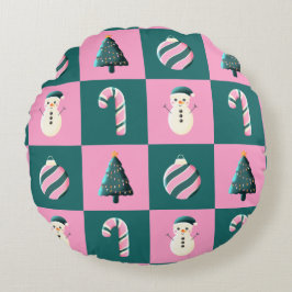 Christmas tree candy cane bauble snowman pink cyan ラウンドクッション