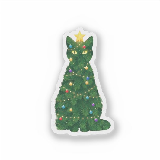 Christmas Tree Cat Silhouette — Festive Holiday  シール (正面)