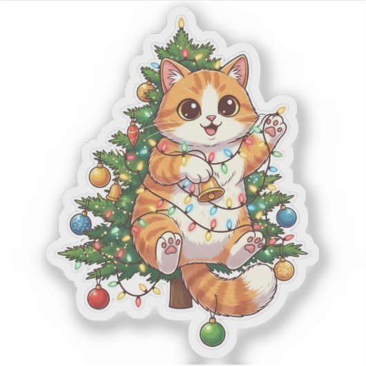 Christmas Tree Climber Cat Tangled in Lights Holid シール (正面)